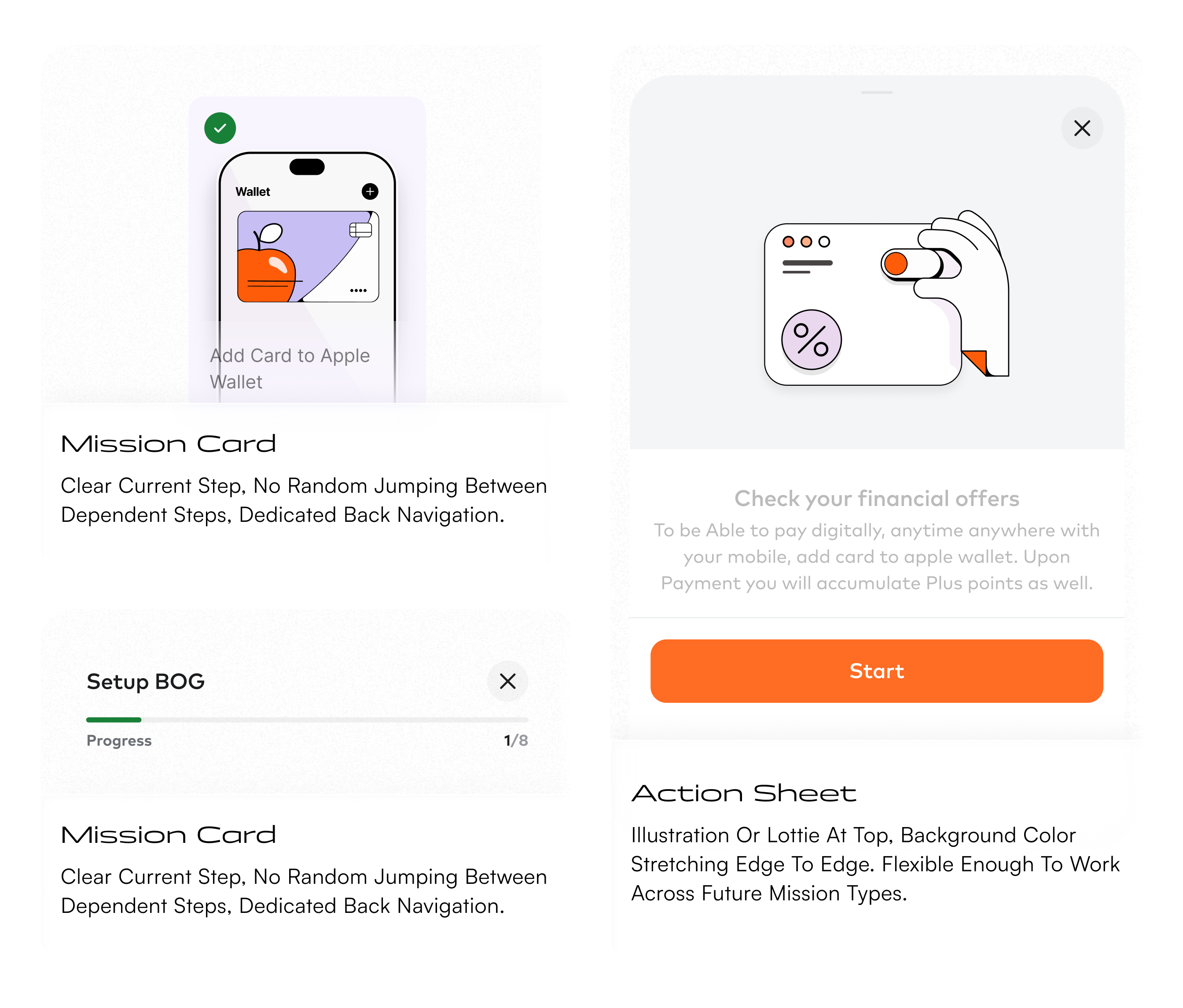 Component system — Stepper, Mission Card, Action Sheet, Dashboard Widget